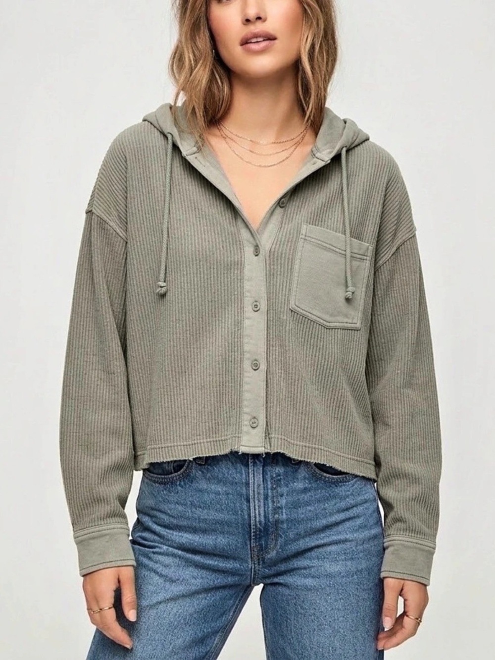 American Eagle Oversized Cropped Ribbed Hooded Shacket Jacket Top Olive Green M